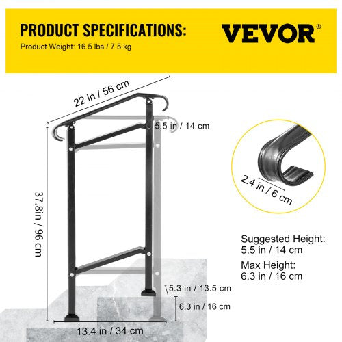 Outdoor Stair Railing Fit 1 or 2 Steps Wrought Iron Handrail Adjustable