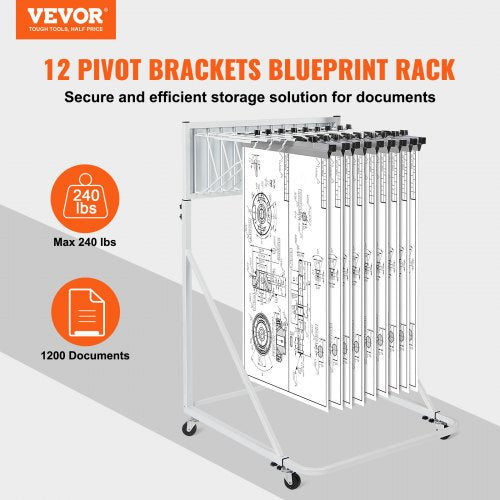 Mobile Blueprint Storage Rack Plan Holder with 12 Pivot Brackets 240 lbs
