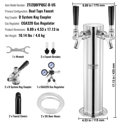 Kegerator Tower Kit Dual Taps Beer Conversion Kit Stainless Steel Keg Beer