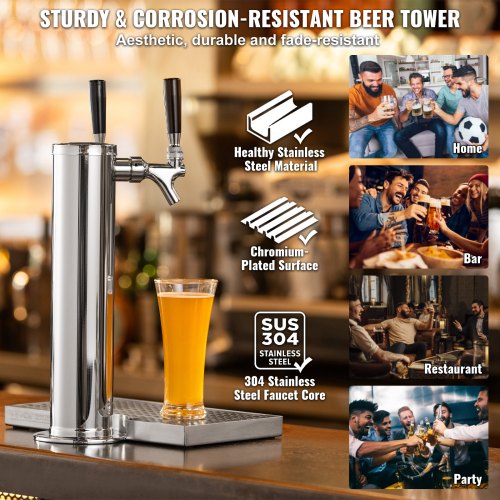 Kegerator Tower Kit Dual Taps Beer Conversion Kit Stainless Steel Keg Beer