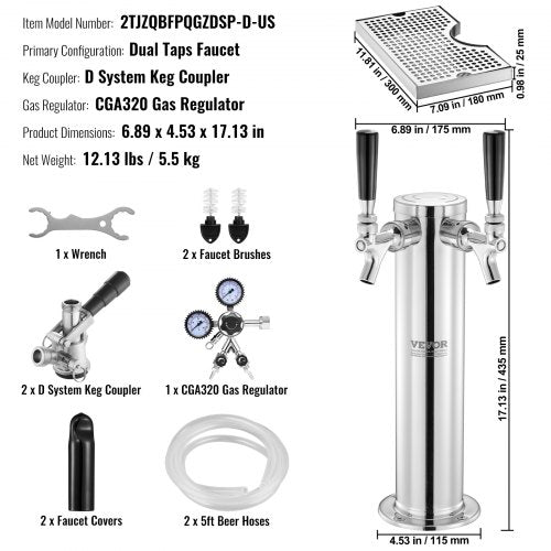 Kegerator Tower Kit Dual Taps Beer Conversion Kit Stainless Steel Keg Beer