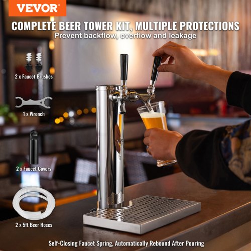 Dual Taps Draft Beer Tower Dispenser Stainless Steel Keg Beer Tower