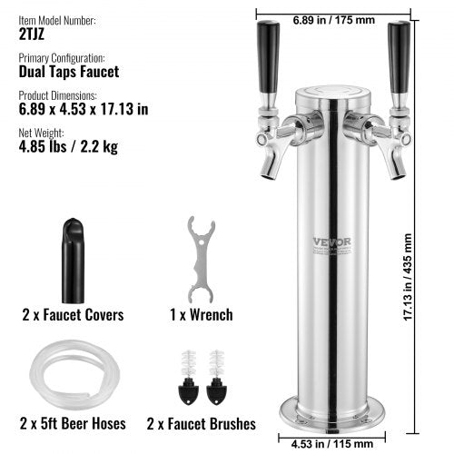 Dual Taps Draft Beer Tower Dispenser Stainless Steel Keg Beer Tower