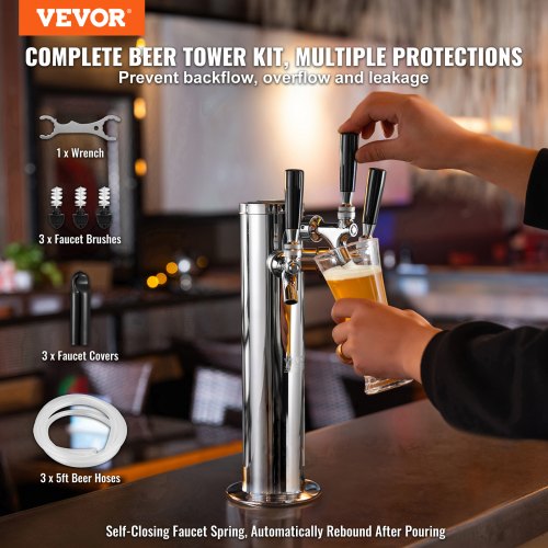 Triple Taps Draft Beer Tower Dispenser Stainless Steel Keg Beer Tower