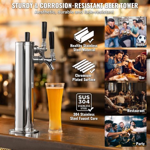 Triple Taps Draft Beer Tower Dispenser Stainless Steel Keg Beer Tower