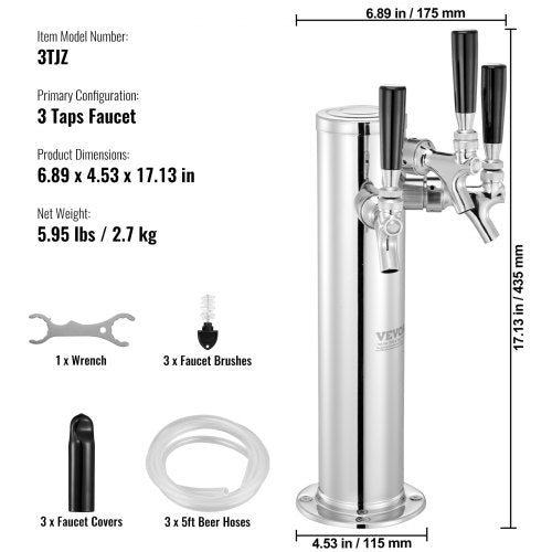 Triple Taps Draft Beer Tower Dispenser Stainless Steel Keg Beer Tower