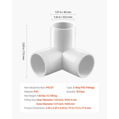 3Way PVC Fittings 1inch PVC Pipe Joints Elbow Connector 10Pack