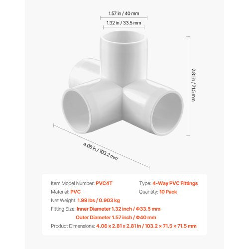 4Way PVC Fittings 1inch PVC Pipe Joints Elbow Connector 10Pack