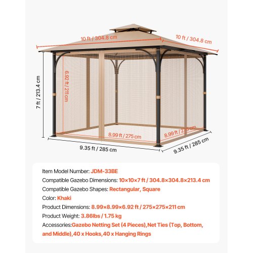 Gazebo Netting Replacement Fit Most 10 x 10 x 7 FT Gazebo Curtain Outdoor