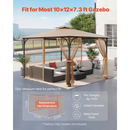 Gazebo Netting Replacement Fit Most 10 x 12 x 7.3 FT Gazebo Outdoor Garden