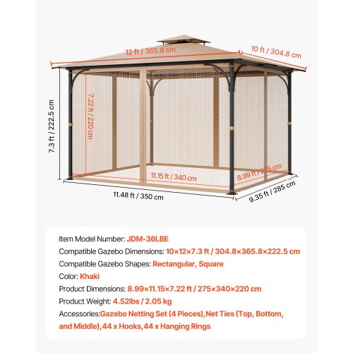 Gazebo Netting Replacement Fit Most 10 x 12 x 7.3 FT Gazebo Outdoor Garden