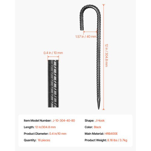 Rebar Stakes 12Inch HeavyDuty4 in Diameter J Hook Galvanized Steel