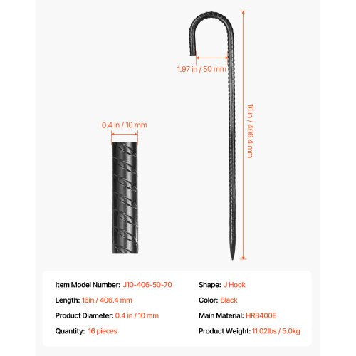 Rebar Stakes 16Inch HeavyDuty4 in Diameter J Hook Galvanized Steel