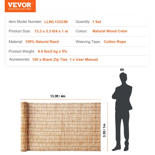 Natural Reed Fencing 3.3 ft x 13.3 ft Reed Screen Curtain Balcony Reed