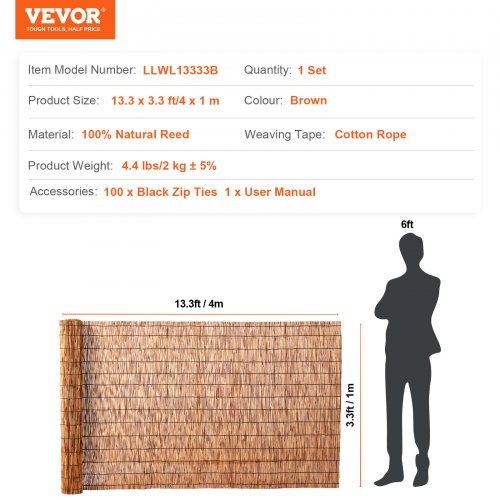 Natural Reed Fencing 3.3 ft x 13.3 ft Reed Screen Curtain Balcony Reed