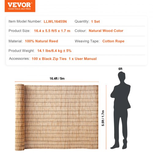 Natural Reed Fencing 5.5 ft x 16.4 ft Reed Screen Curtain Balcony Reed