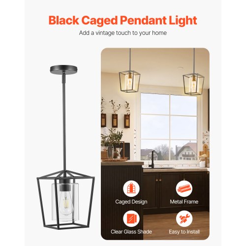 1Light Black Pendant Light 1 Pack Farmhouse Iron Cage Metal Pendant