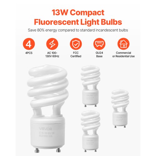4Pack CFL Light Bulbs 13W Compact Fluorescent Spiral Bulbs with 2700K Warm