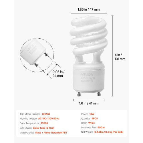 4Pack CFL Light Bulbs 13W Compact Fluorescent Spiral Bulbs with 2700K Warm
