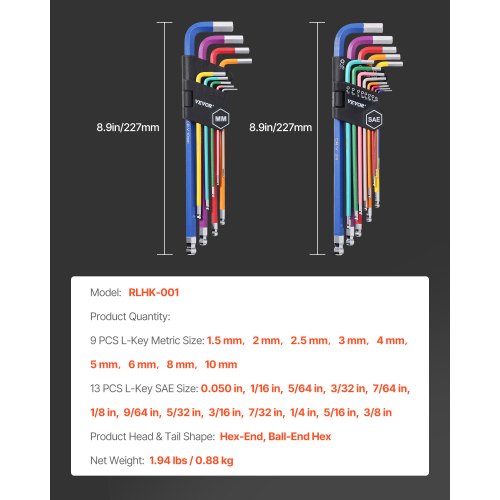 Hex Key Allen Wrench Set 22 pcs SAE 005038 in and Metric 1510 mm