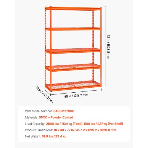 Storage Shelves 2500 lbs 5 Tier Heavy Duty Garage Shelving 18 D x 48 W