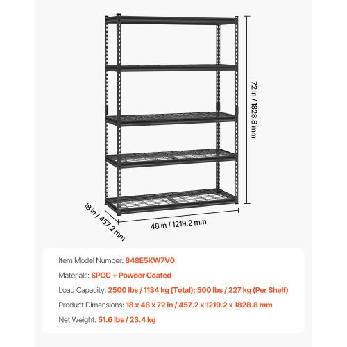 Storage Shelves 2500 lbs 5 Tier Heavy Duty Garage Shelving 18 D x 48 W