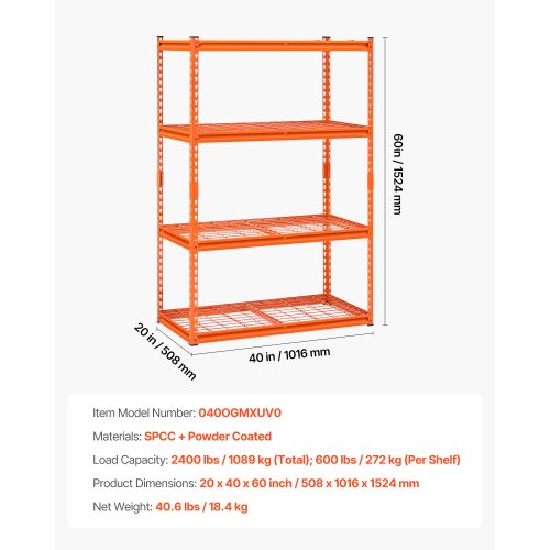 Storage Shelves 2400 lbs 4 Tier Heavy Duty Garage Shelving 20 D x 40 W