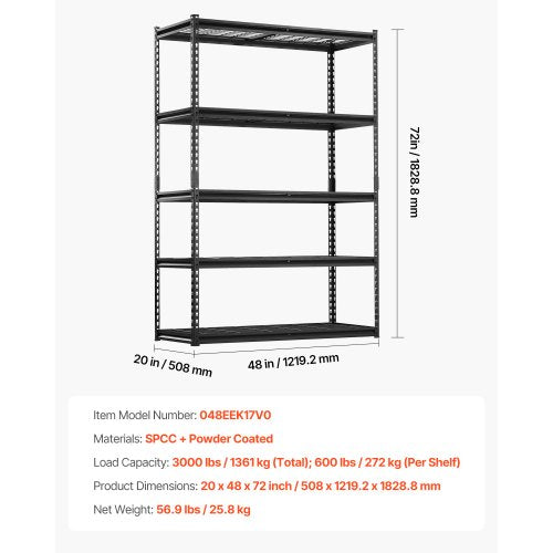 Storage Shelves 3000 lbs 5 Tier Heavy Duty Garage Shelving 20 D x 48 W