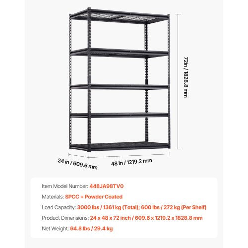 Storage Shelves 3000 lbs 5 Tier Heavy Duty Garage Shelving 24 D x 48 W