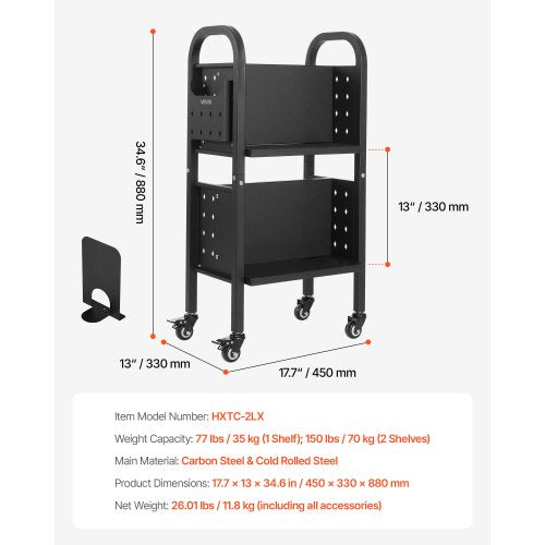 Rolling Library Book Cart 150 lbs Capacity 17.7 x 13 x 34. 6Inch Library