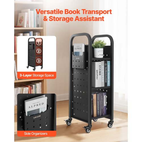 Rolling Library Book Cart 220 lbs Capacity 12.6 x 13.8 x 36.8Inch Library