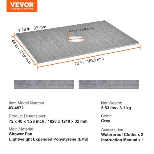 Shower Curb Kit 48x72 Shower Pan Kit with 63 Central Drain Lightweight