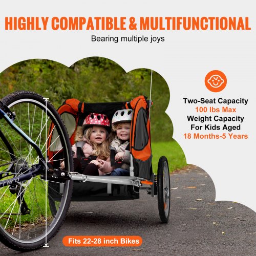 Bike Trailer for Toddlers Kids Double Seat 100 lbs Load 2In1 Canopy