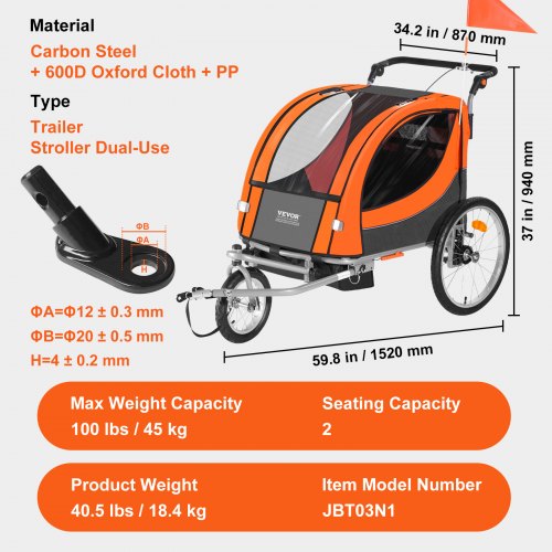 Bike Trailer for Toddlers Kids Double Seat 100 lbs Load 2In1 Canopy