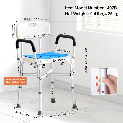 Shower Chair Seat with Padded Arms and Back Shower Stool with Reinforced