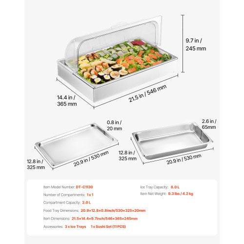 Countertop Food Serving Display Container 1 x 1 Pan Stainless Steel Food