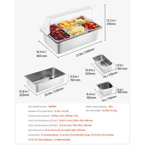 Countertop Food Serving Display Container 5 Pan Stainless Steel Food