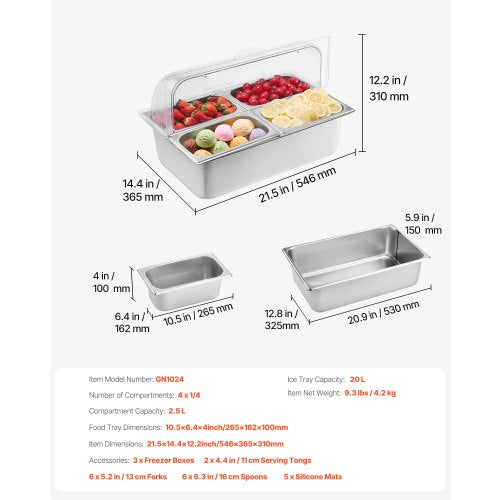 Countertop Food Serving Display Container 4 Pan Stainless Steel Food