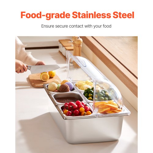 Countertop Food Serving Display Container 6 Pan Stainless Steel Food