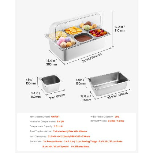 Countertop Food Serving Display Container 6 Pan Stainless Steel Food