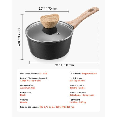 1.5 QT Saucepan Nonstick Saucepan with Tempered Glass Lid Multipurpose