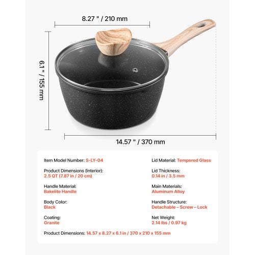 2.5 QT Saucepan Nonstick Saucepan with Tempered Glass Lid Multipurpose