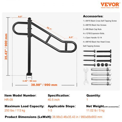 Single Post Handrail for Outdoor 13 Steps 405 L x 354 H Metal Bent