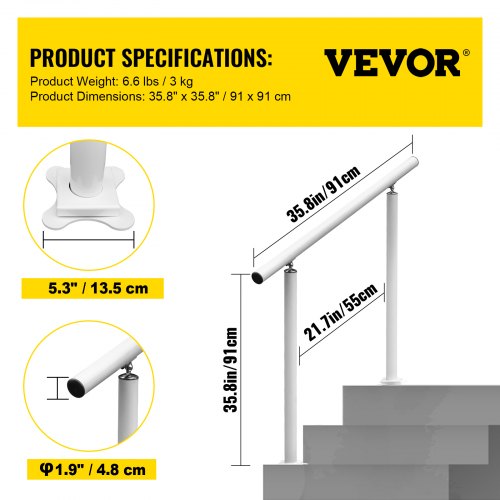 Outdoor Stair Railing Kit 3 FT Handrails 23 Steps Adjustable Angle White