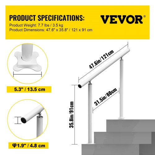 Outdoor Stair Railing Kit 4 FT Handrails 14 Steps Adjustable Angle White