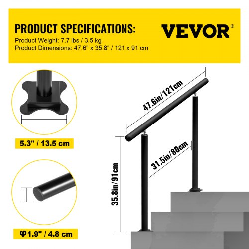 Outdoor Stair Railing Kit 4 FT Handrails 14 Steps Adjustable Angle Black