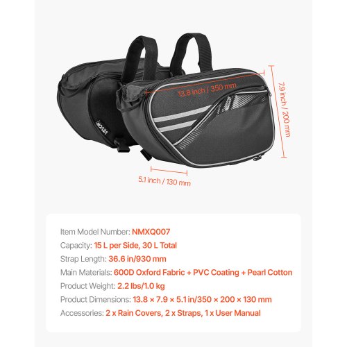 Motorcycle Saddlebag 30 L 15 L x 2 Large Capacity Side Saddle Bag