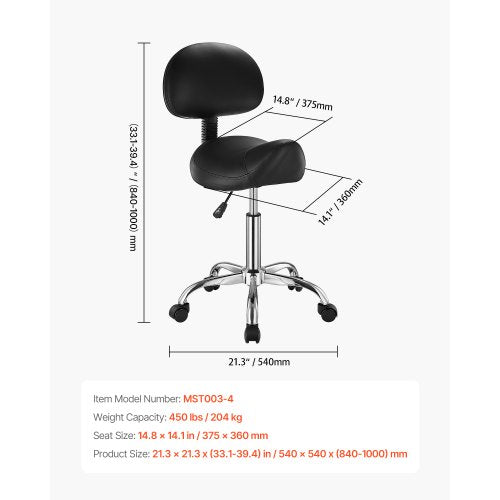 Saddle Stool with Back Support and Wheels 450 LBS Weight Capacity Ergonomic