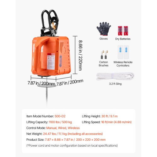 3in1 Electric Hoist Winch 1100 lbs Capacity 1500W Portable Power Winch