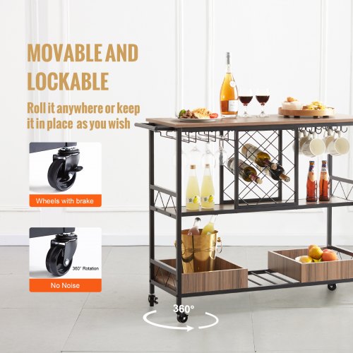 Bar Cart Home Serving Cart 3 Tiers 300 LBS Industrial Rolling Beverage